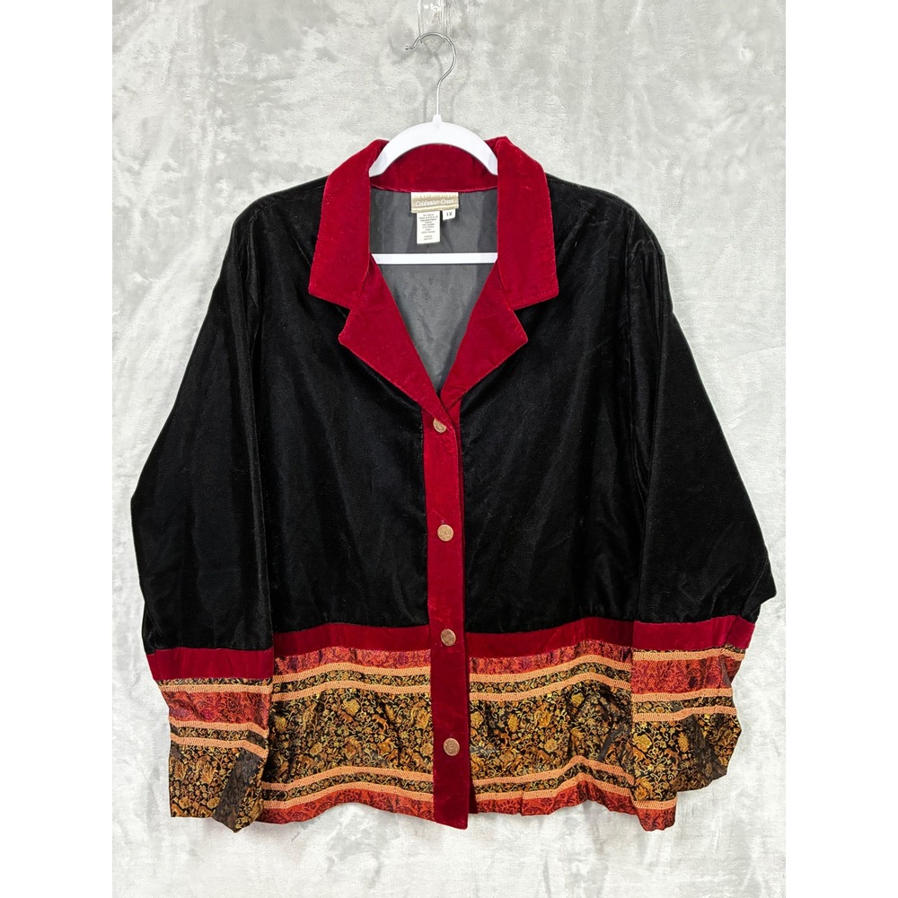 Coldwater Creek Black Red Velvet Tapestry Floral Border Jacket 1X Made in USA